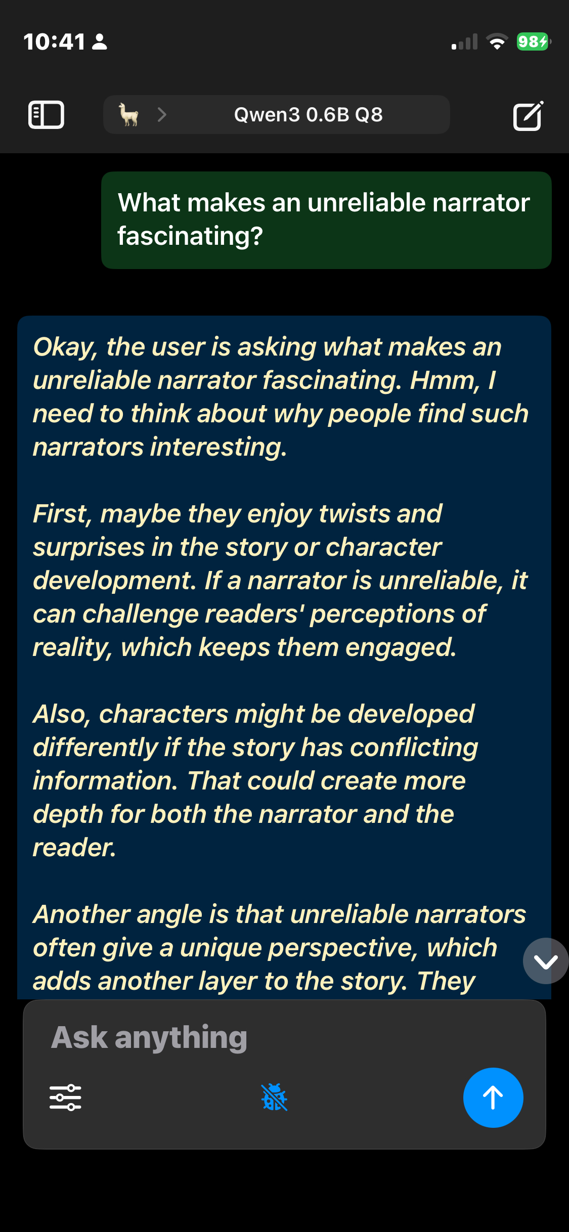 im.ai on iOS — local model response